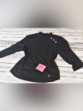 Adrienne Vittadini Black Ruffle Mock Neck Top with Floral Accent Buttons